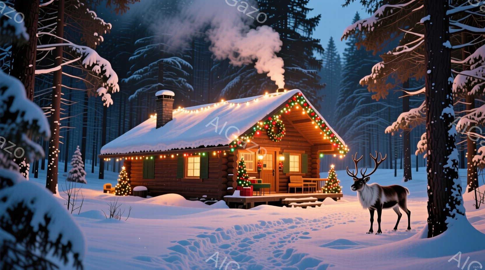 雪に覆われた森林の中に、クリスマスイルミネーションで飾られた丸太小屋が建っています。暖炉から立ち上る煙と、窓から漏れる暖かい光が、小屋の温かさを強調し、遠くにはトナカイが凛々と佇んでいます。雪景色と装 - AI生成フリー素材