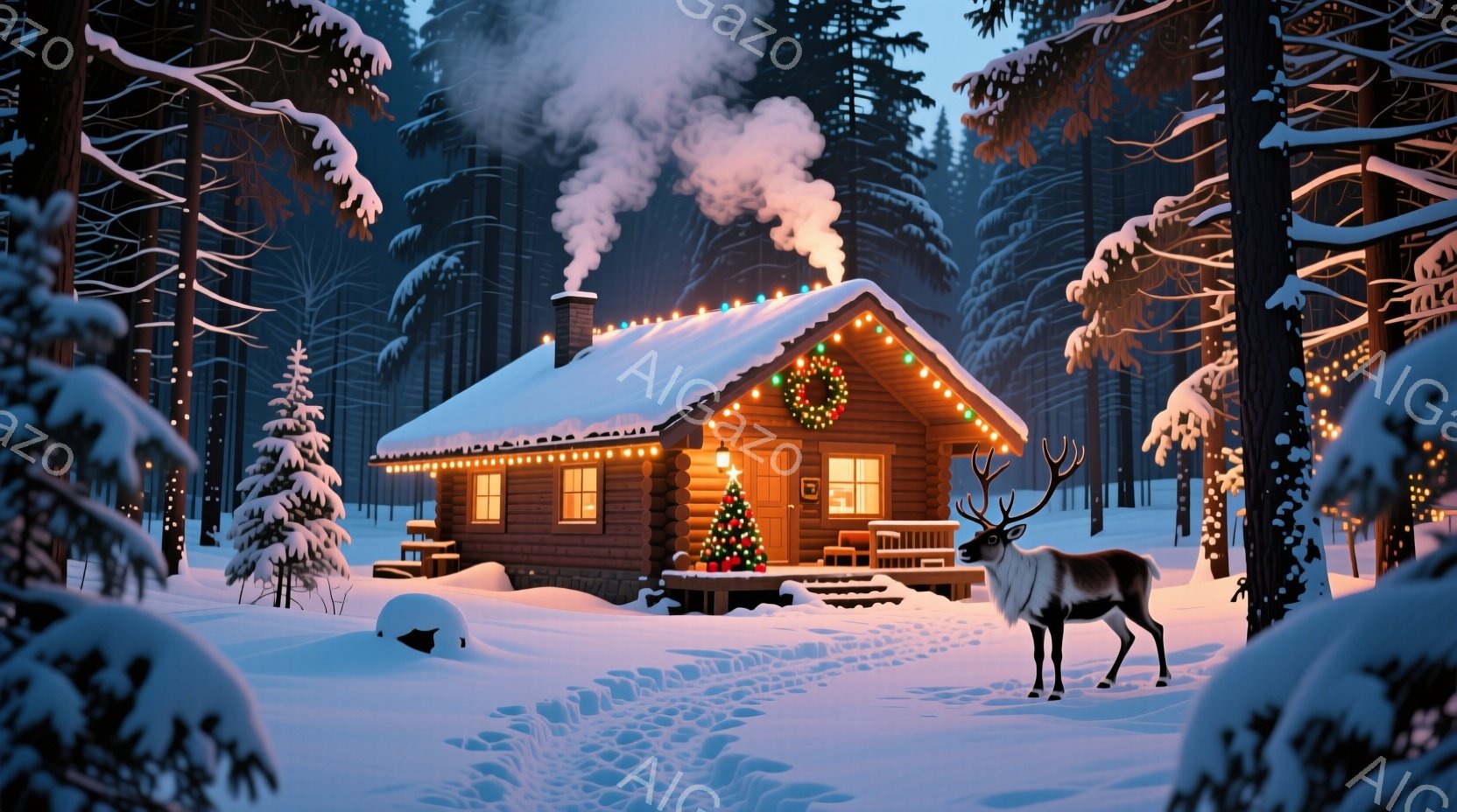 雪に覆われた森の中に、温かい光を放つ丸太小屋が佇んでいます。小屋にはクリスマスツリーが飾られ、煙突からは湯気が立ち上り、クリスマスの飾り付けが施された、暖かく居心地の良い雰囲気を醸し出しています。小屋 - AI生成フリー素材