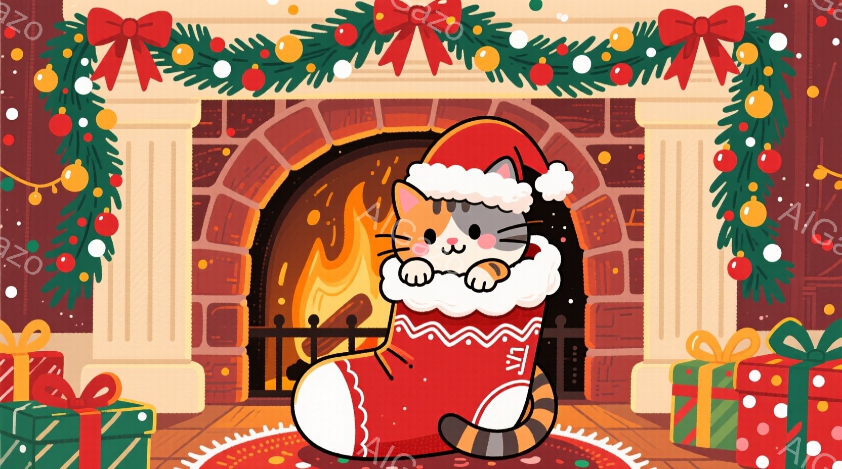 白と茶色の縞模様の猫が、赤いサンタの帽子とセーターを着て、暖炉の前に丸まっています。猫は両手を前に出し、楽しそうな表情で暖炉の火を見つめており、背景にはクリスマスの飾り付けとプレゼントの山が描かれてい - AI生成フリー素材