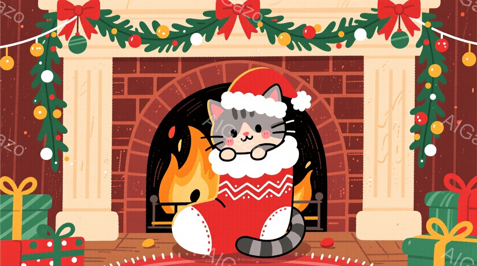 暖炉の前で、サンタ帽と赤いセーターを着た灰色の猫が描かれています。猫は丸まって座り、幸せそうな表情をしています。背景には、クリスマスツリーの飾りやプレゼント箱があり、温かくお祝いムードが漂っています。 - AI生成フリー素材