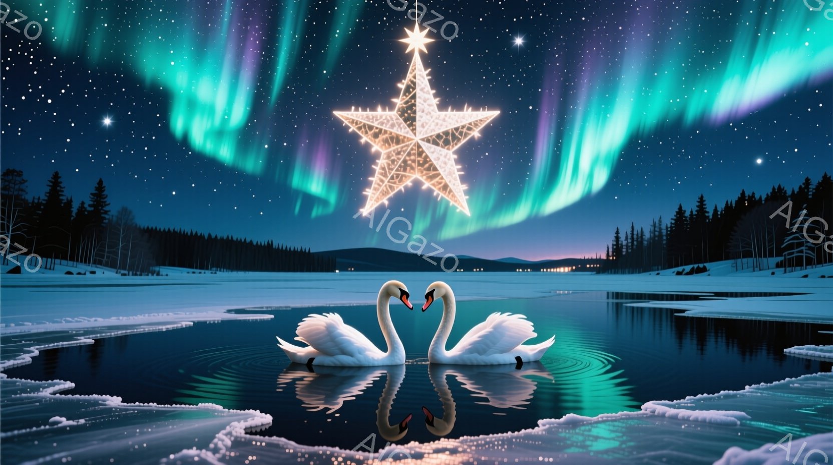 白鳥が2羽、凍った湖面の上を優雅に泳いでおり、水面に美しい反射を作り出しています。背景には針葉樹林が広がり、夜空にはオーロラのような光の筋が流れ、さらに星形の光が輝いています。全体として、静寂で幻想的 - AI生成フリー素材