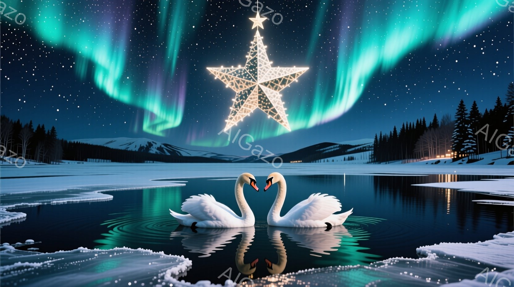 白鳥が二羽、凍った湖面で心形に寄り添い、水面に美しい反射を作り出している。背景には雪に覆われた山々と、オーロラのような緑色の光が広がる夜空が広がり、星空が輝いている。静かで幻想的な雰囲気で、冬の夜の穏 - AI生成フリー素材