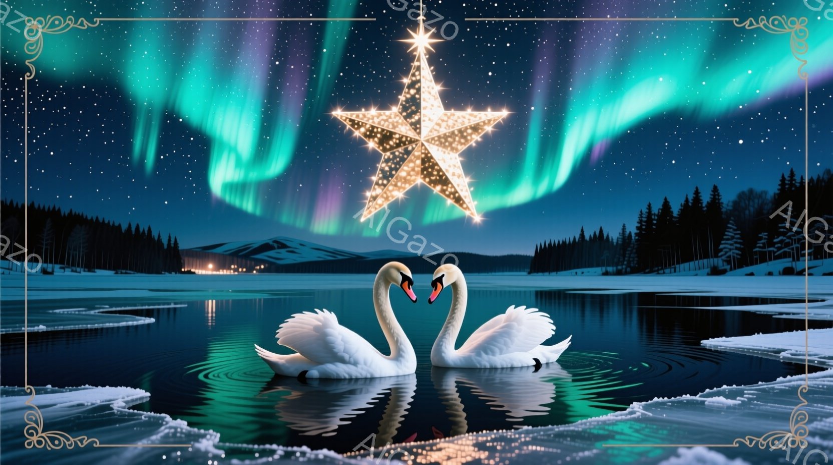 白鳥が二羽、凍った湖面で優雅に寄り添い、水面に美しい反射を作り出している。背景には雪に覆われた山々と、オーロラのような色彩の光が輝き、幻想的な雰囲気を醸し出している。星のような光の輝きが空に浮かび、冬 - AI生成フリー素材