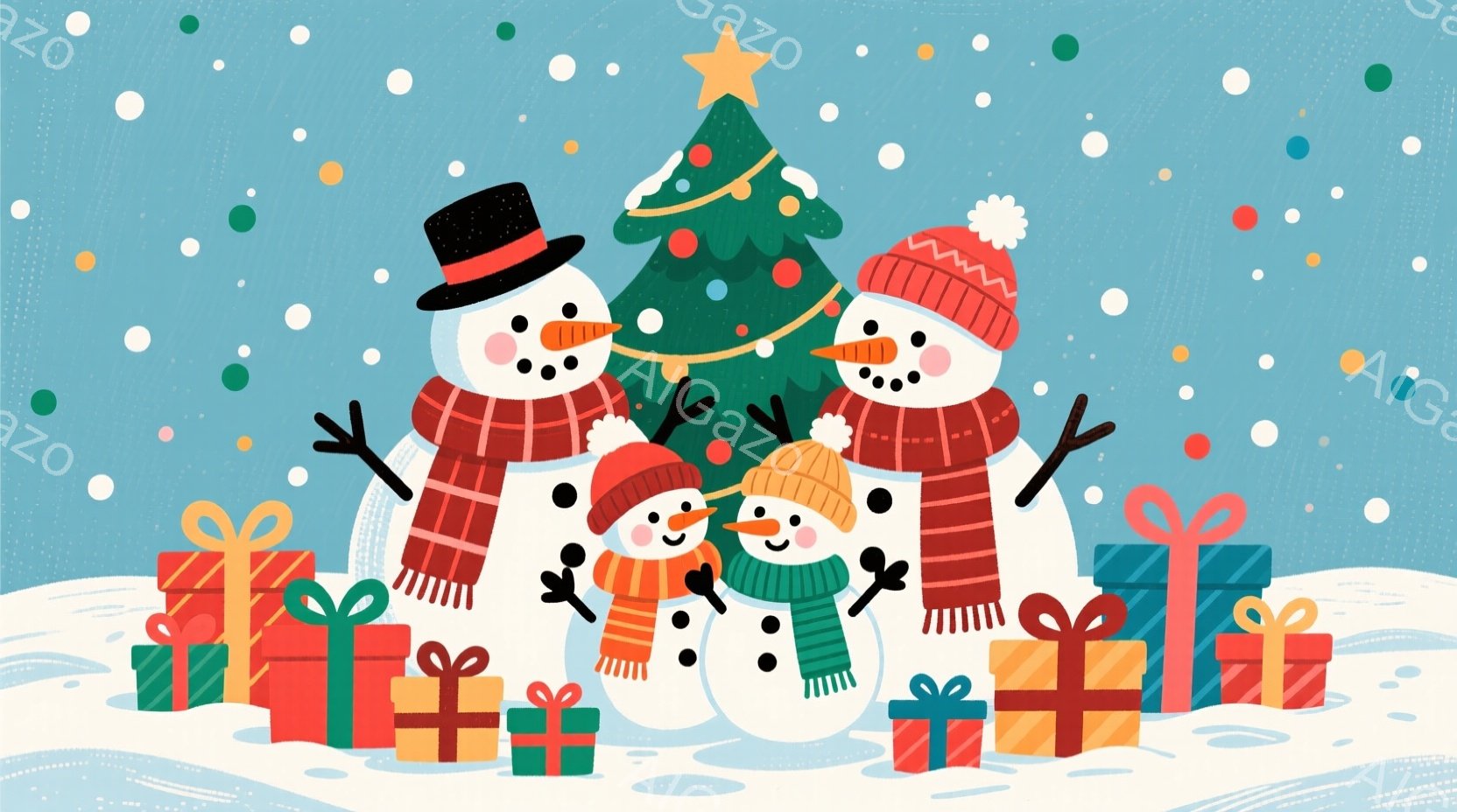 雪景色の中に、クリスマスの飾り付けられたモミの木と、３体の雪だるまが描かれています。一番大きな雪だるまはシルクハットと赤いマフラーをつけ、両腕を広げています。他の二体の雪だるまは、それぞれ緑と赤のマフ - AI生成フリー素材