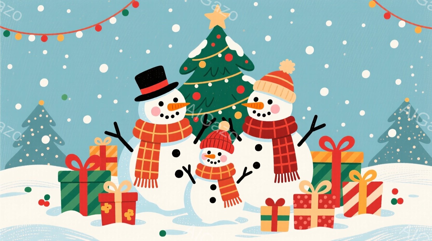 雪が降る中で、３体の雪だるまがクリスマスツリーの周りに集まっています。大きな雪だるま２体は赤いストライプのマフラーを巻き、それぞれ帽子をかぶり、小さな雪だるまは赤い帽子を被って、皆楽しそうにしています - AI生成フリー素材