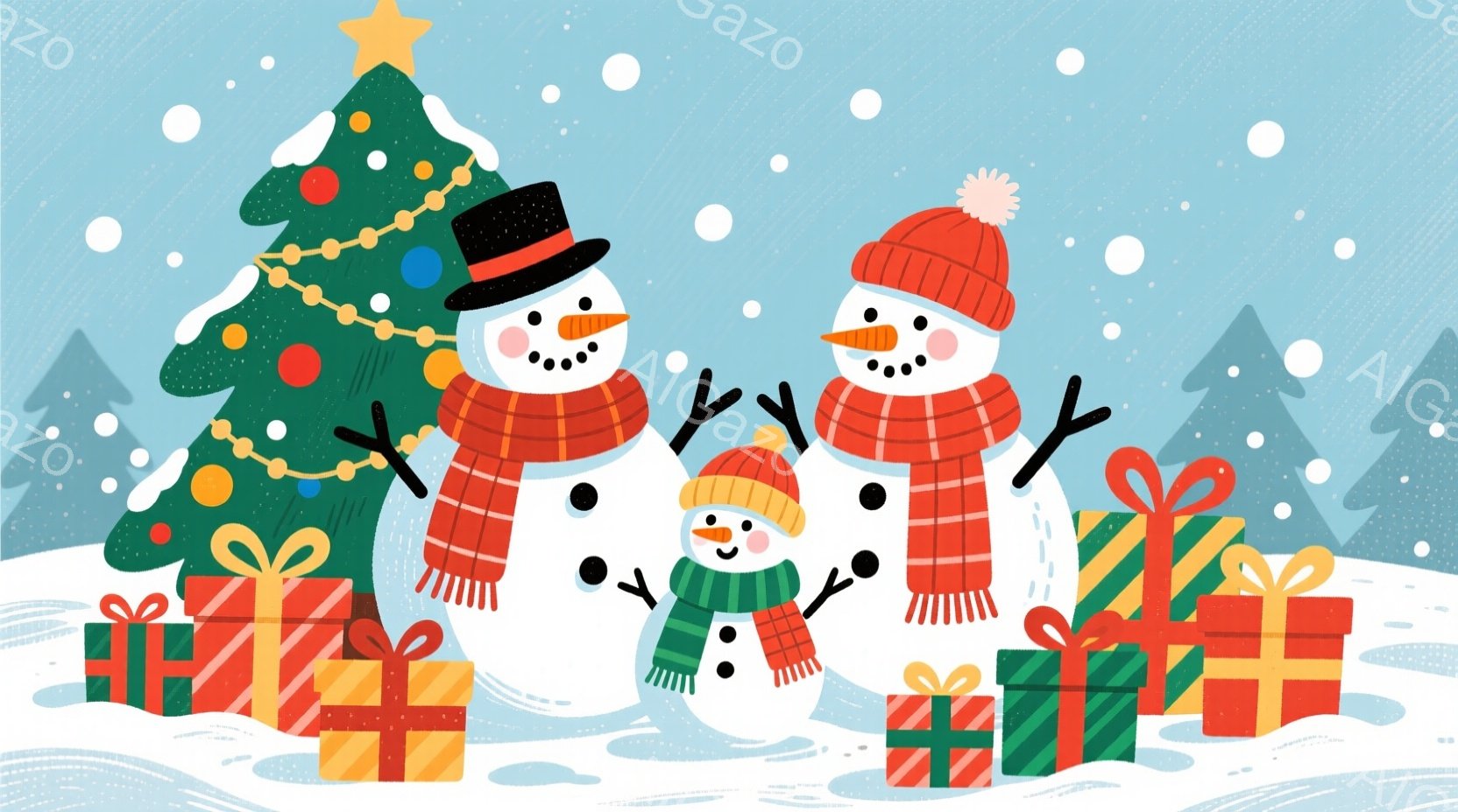 雪景色の中に、大きな雪だるま３体が描かれています。一番大きな雪だるまはシルクハットと赤いマフラーを巻き、真ん中の雪だるまは同じ赤いマフラーを巻いています。一番小さな雪だるまは緑のマフラーを巻いており、周囲には色とりどりのプレゼント箱が散らばり、背景にはクリスマスツリーと雪の降る冬の風景が広がっています。
