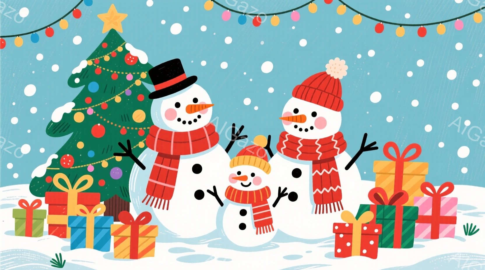 雪景色の中に、大小３体の雪だるまが描かれています。一番大きな雪だるまは黒い帽子と赤いマフラーを巻いており、中央の雪だるまは黄色い帽子と赤いマフラーを、一番小さな雪だるまはオレンジ色の帽子とマフラーを身 - AI生成フリー素材