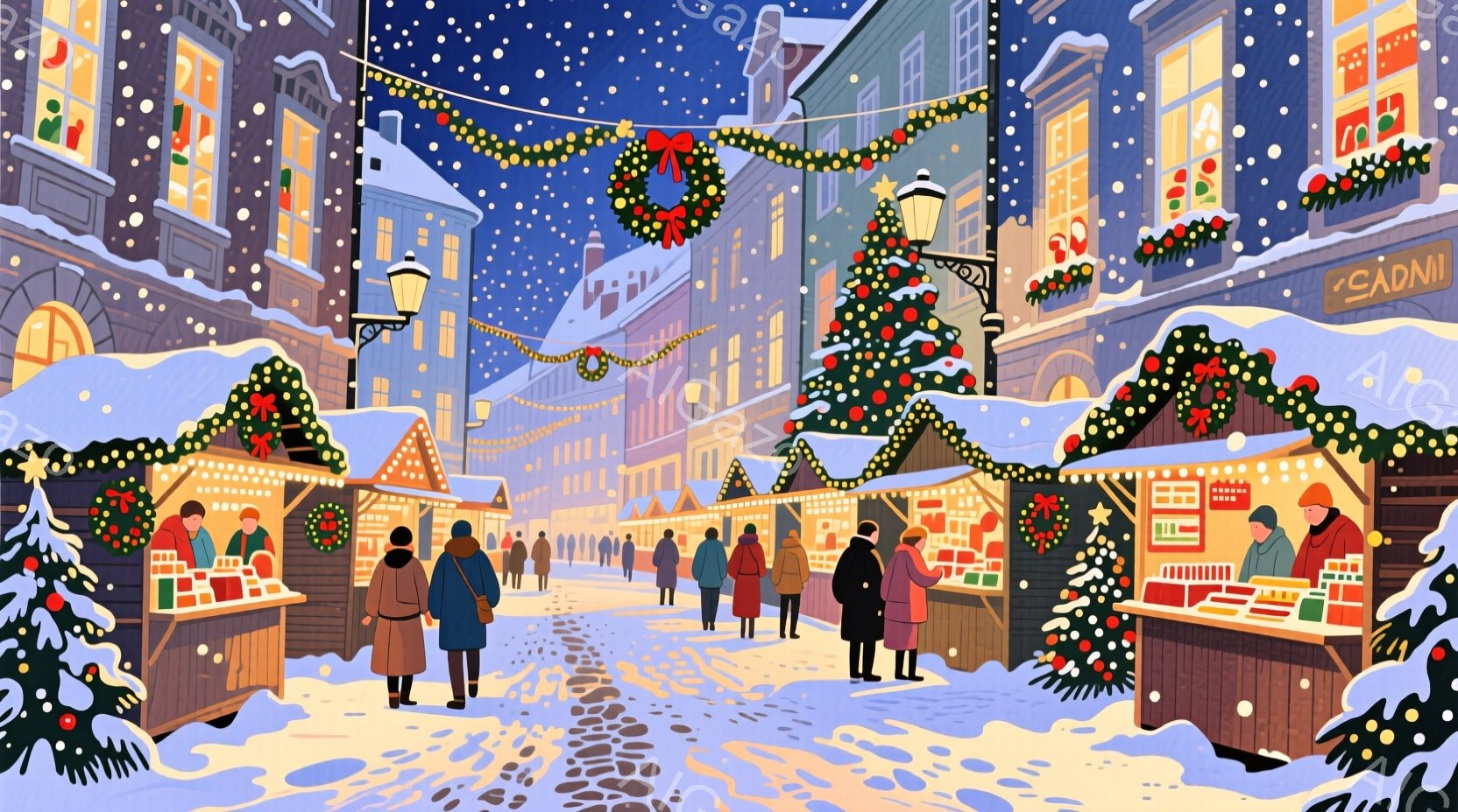 雪が舞う賑やかなクリスマスマーケットの風景が描かれています。人々は厚手のコートや帽子を着用し、温かい色合いの服を着ています。背景には美しい建物が並び、クリスマスツリーやイルミネーションが飾られ、華やか - AI生成フリー素材