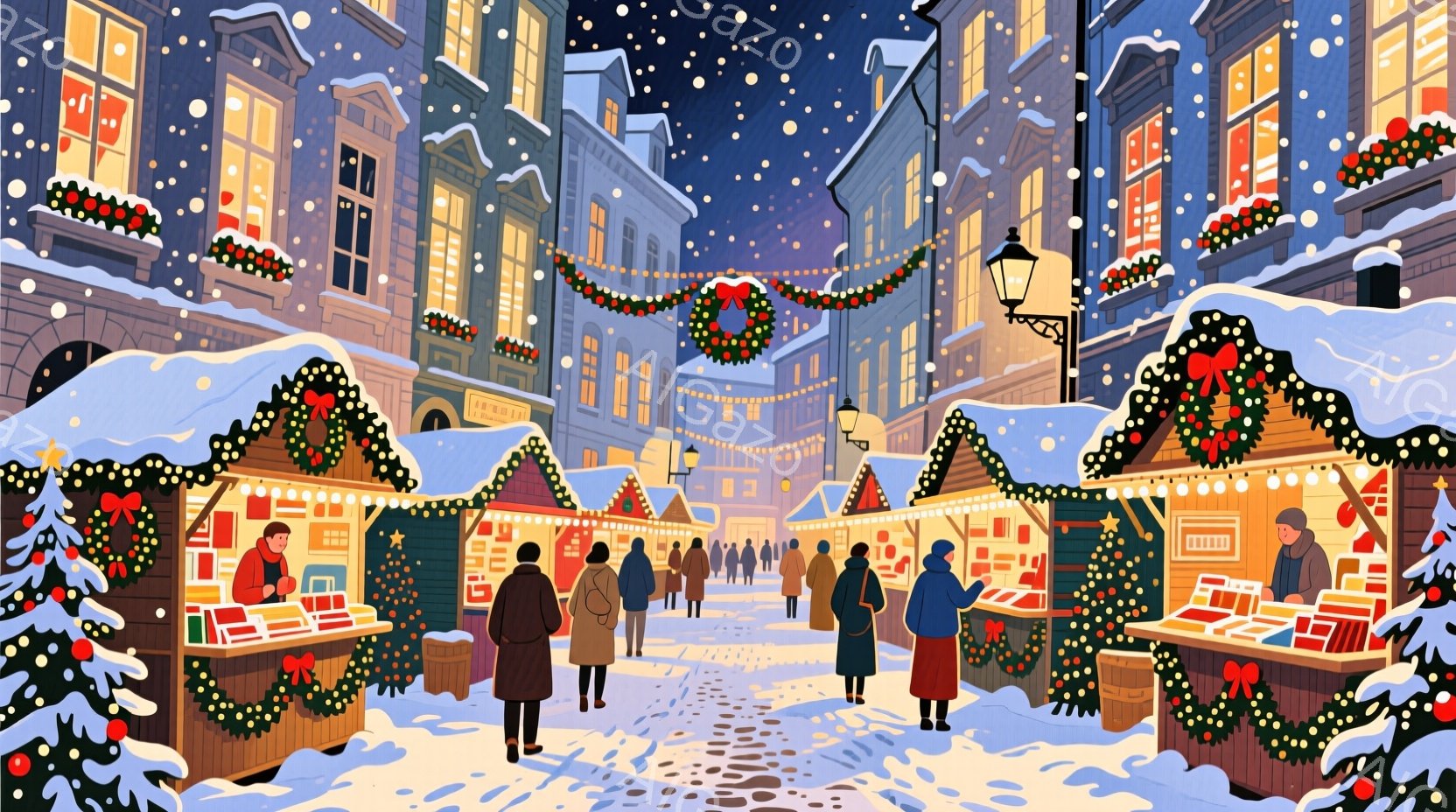 クリスマスマーケットの賑やかな風景が描かれています。建物はカラフルで装飾されており、雪景色の中に人々がコートを着て歩いています。背景には、暖かい光を放つ建物が連なり、クリスマスツリーや装飾が冬の雰囲気 - AI生成フリー素材
