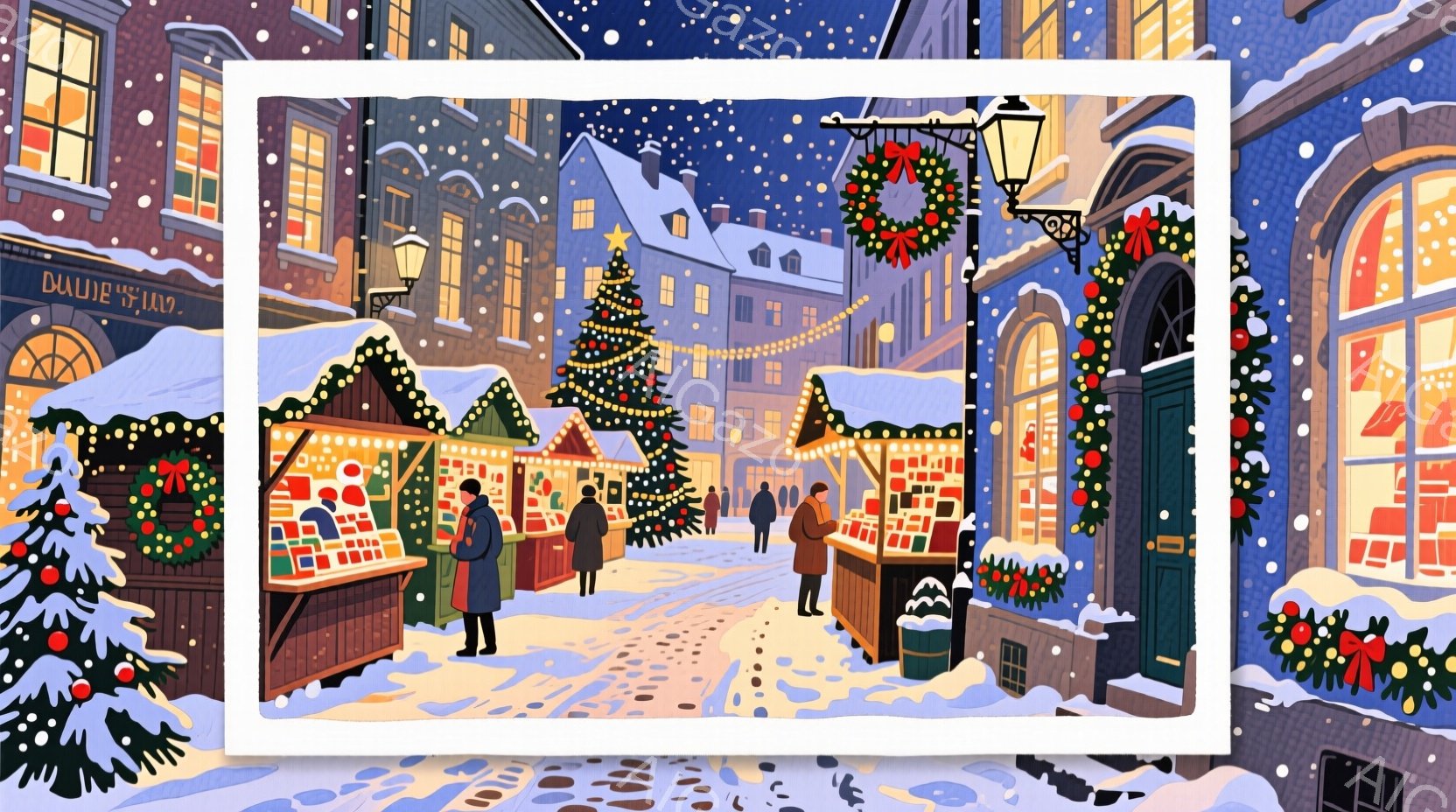 賑やかなクリスマスマーケットが雪景色の中に広がっている。人々は冬のコートを着て、マーケットの屋台をゆっくりと見て回っている様子で、建物は伝統的なヨーロッパ様式で、雪で覆われた屋根と飾り付けられた窓が特 - AI生成フリー素材