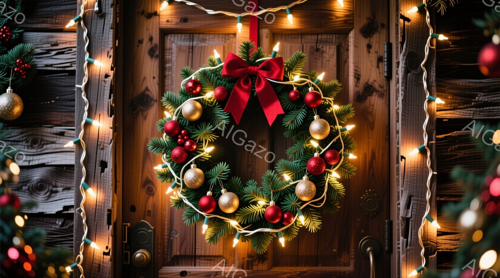 古びた木のドアに、赤いリボンと赤い実、金色のボールで飾られたクリスマスリースが飾られています。ドアの周りには、温かい光を放つ電飾が絡みつき、クリスマスの雰囲気を高めています。全体的に暖かく、家庭的で、 - AI生成フリー素材