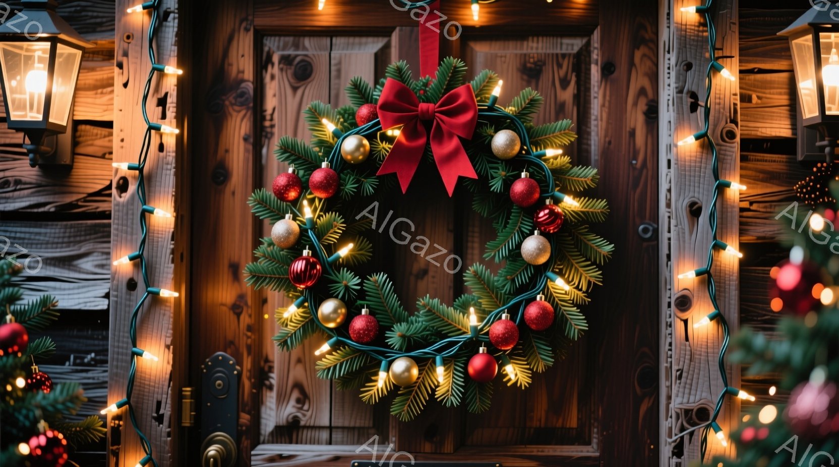 古びた木のドアに、クリスマスリースが飾られています。リースは緑の葉と赤い、金色のオーナメントで彩られ、赤いリボンで飾られています。ドアの周りには、暖色系のライトが飾られており、冬の暖かい雰囲気を醸し出 - AI生成フリー素材