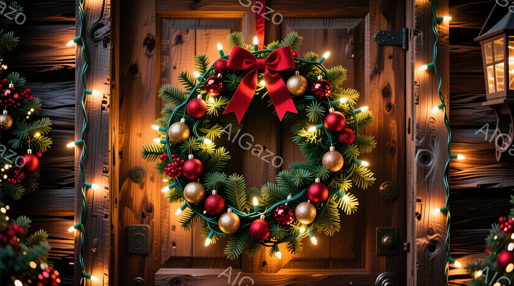 古びた木のドアに、クリスマスリースが飾られています。緑の葉に赤い実と金色のオーナメントが散りばめられ、暖かい光のイルミネーションで彩られています。全体的に、温かく、居心地の良いクリスマスの雰囲気が漂っ - AI生成フリー素材