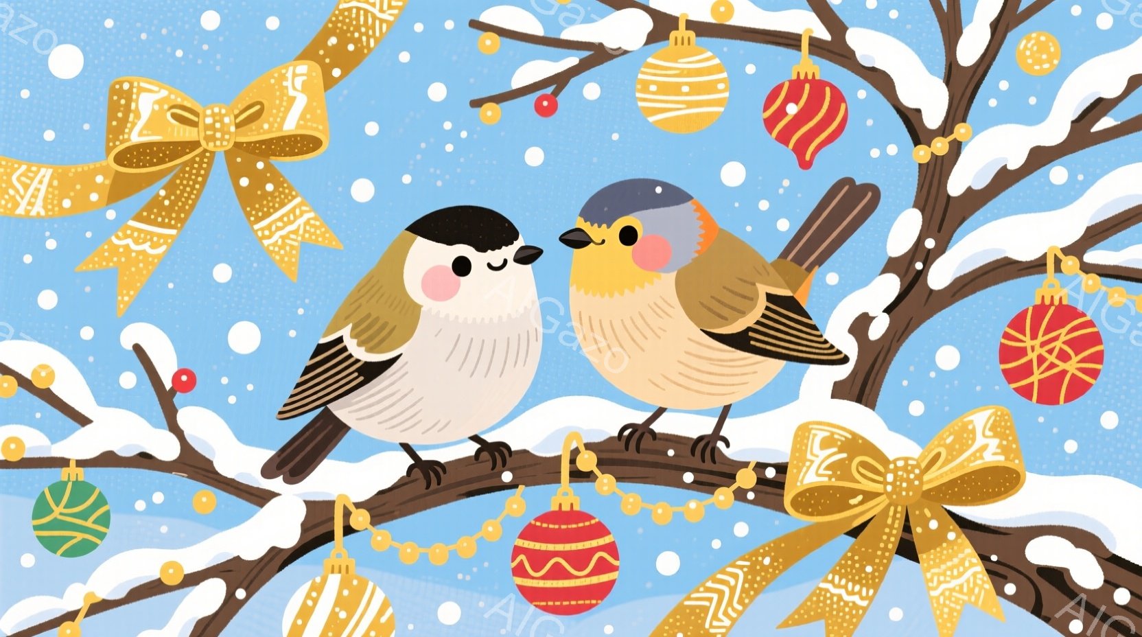 雪が降る青い背景に、二羽の可愛い鳥が木の枝に並んで座っています。鳥たちはそれぞれ茶色とグレーの羽を持ち、丸い頬は赤く、温かい雰囲気を醸し出しています。枝には、様々な色と模様のクリスマスオーナメントやリ - AI生成フリー素材