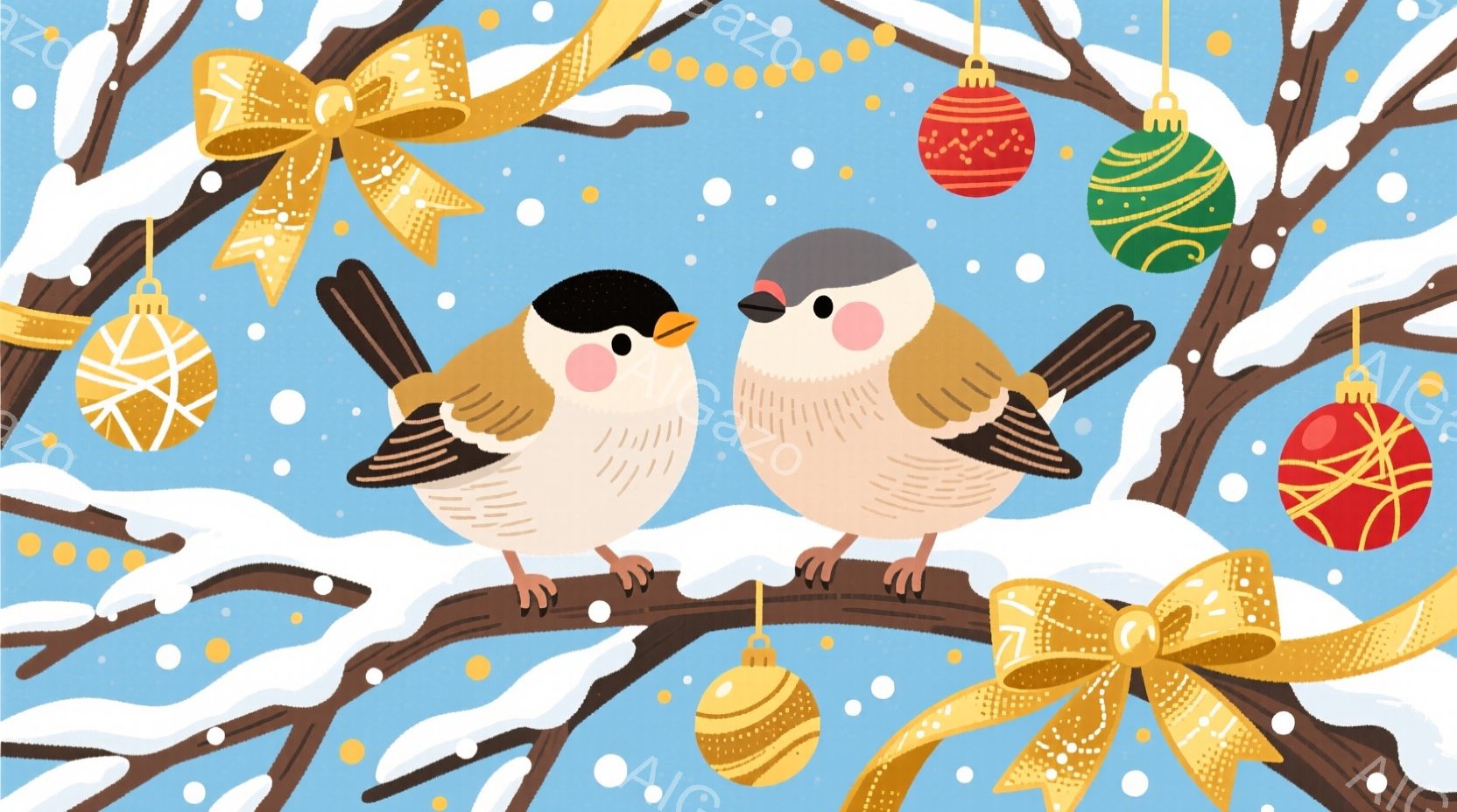 雪の積もった枝に寄り添う二羽の可愛い鳥が描かれています。鳥たちは茶色と白の毛並みで、つぶらな瞳とほっぺたが愛らしい表情をしています。背景には、金色のリボンやオーナメントで飾られた枝と、雪が舞う淡い青空 - AI生成フリー素材