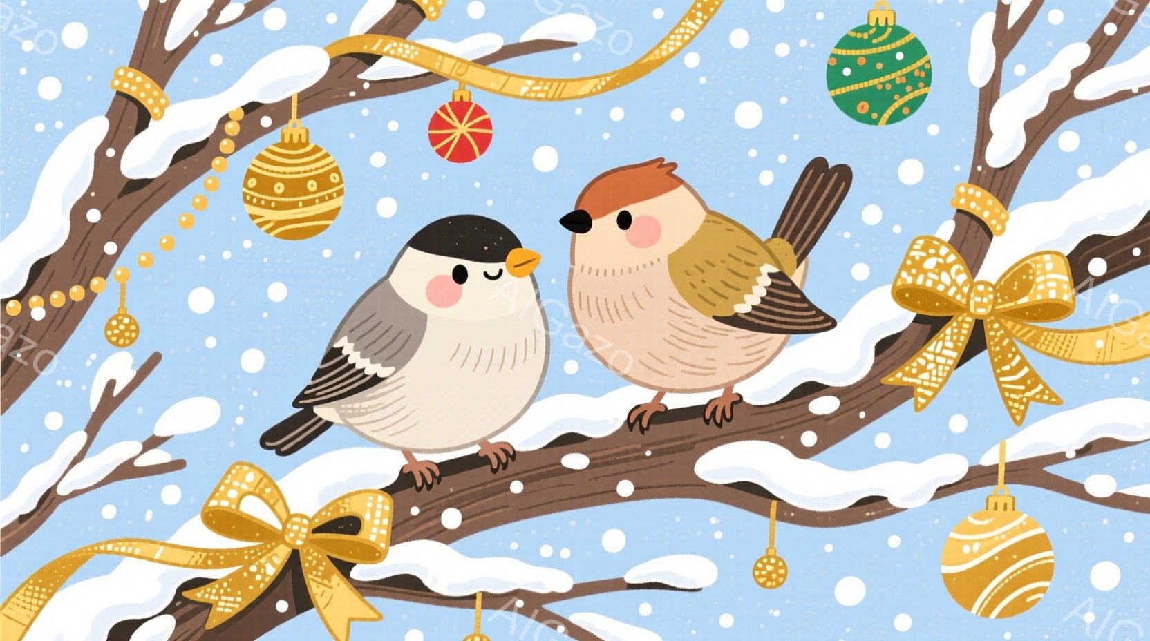 雪が降る青い背景に、二羽の可愛らしい鳥が木の枝に並んで座っています。鳥たちは、灰色の羽毛と茶色の羽毛を持ち、丸い体とつぶらな瞳で愛らしい表情をしています。枝には、金色のリボンやオーナメントが飾り付けら - AI生成フリー素材
