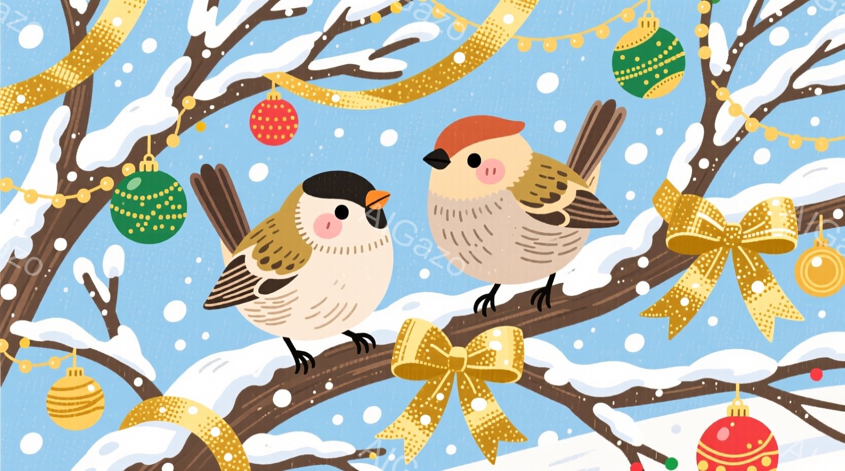雪が降る中、木の枝に二羽のスズメが止まっています。片方のスズメは頭に赤い帽子をかぶり、もう片方は普通の羽毛で、どちらも丸い頬と可愛らしい表情をしています。背景には、キラキラと輝くオーナメントやリボンが飾られた枝が広がり、温かく幻想的な冬の雰囲気を醸し出しています。