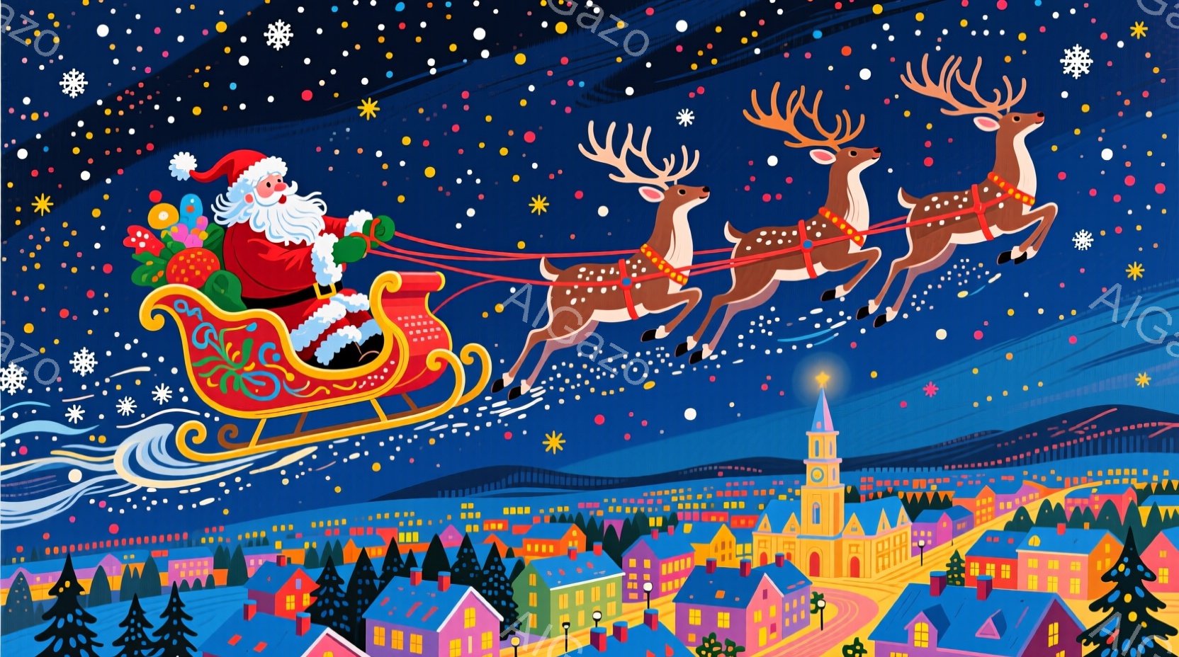 夜空を背景に、サンタクロースがソリに乗って飛んでいる様子が描かれています。サンタクロースは赤い衣装に白いひげ、楽しそうな表情で、プレゼントの入った大きな袋を背負っています。下には、明かりの灯る可愛らしい家々が並び、雪がちらつく幻想的な冬の夜の雰囲気が表現されています。