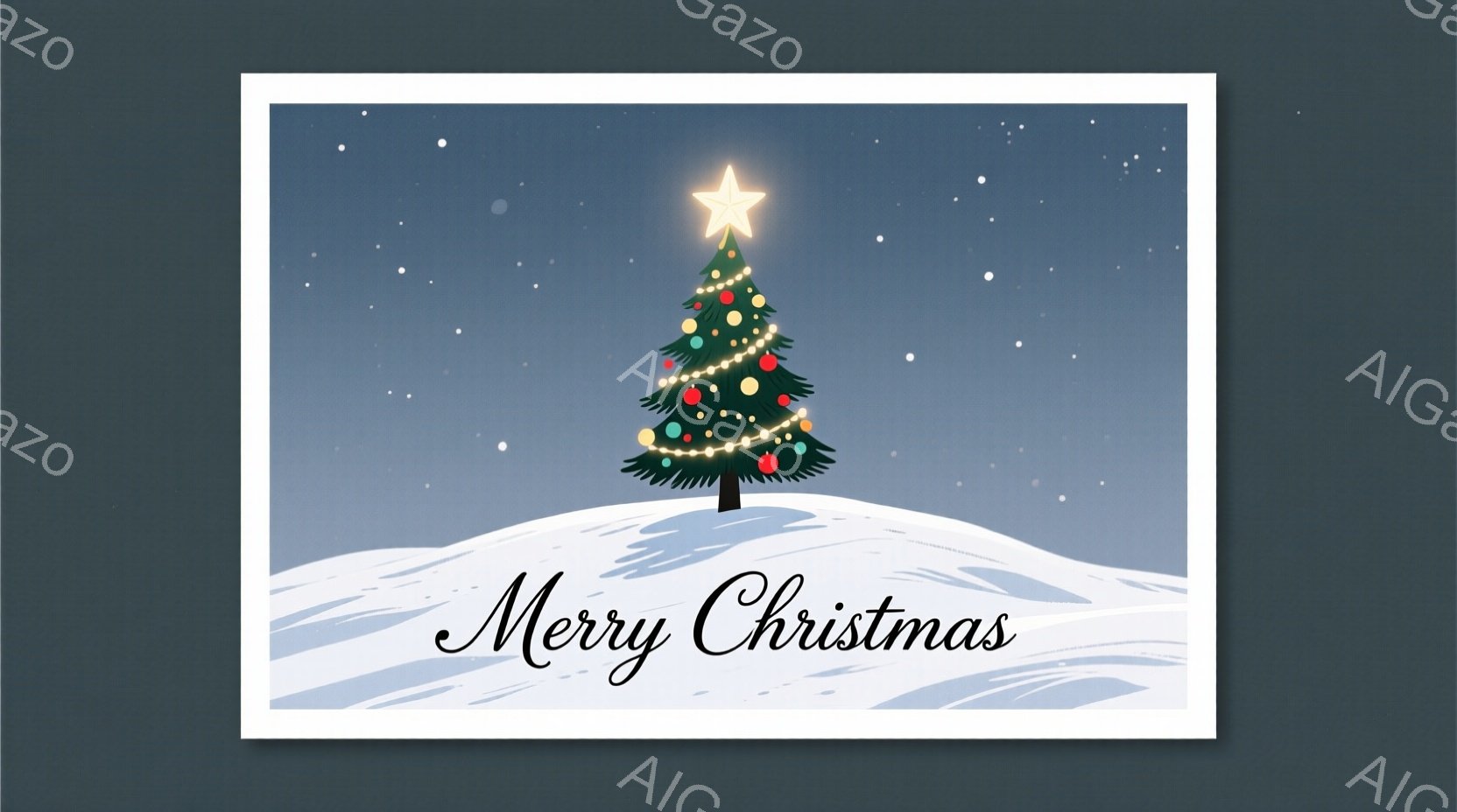 雪が降る青い背景に、装飾されたクリスマスツリーが描かれています。雪に覆われた丘の上にツリーは立ち、温かい光を放つ電飾と、赤いオーナメント、星の飾りで彩られています。全体的に静かで穏やかな冬の雰囲気を醸 - AI生成フリー素材