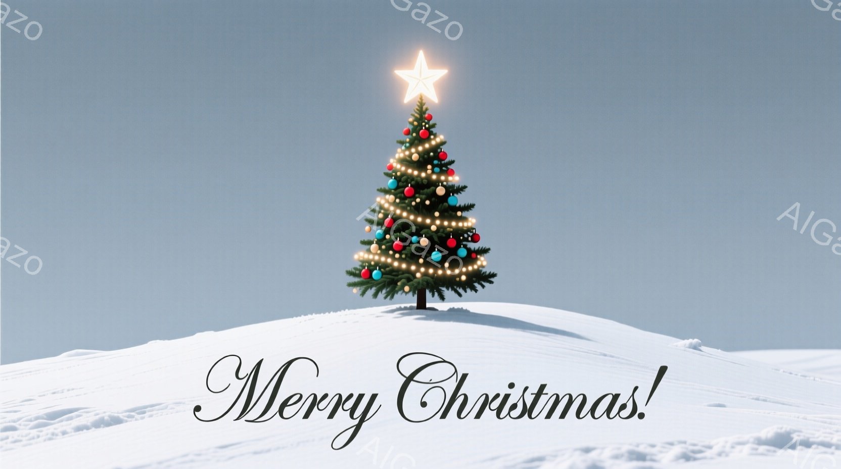 雪に覆われた丘の上に、飾られたクリスマスツリーが立っている。ツリーは様々な色のオーナメントと輝く電飾で彩られ、頂上には星が輝いている。背景は淡い水色で、冬の静寂さとクリスマスの温かい雰囲気が漂っている - AI生成フリー素材