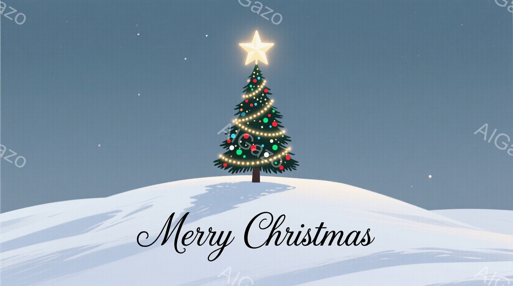 雪に覆われた丘の上に、クリスマスツリーが立っている。緑の木はカラフルなオーナメントで飾られ、頂上には輝く星が飾られている。背景は淡い水色で、静かで穏やかな冬の雰囲気が漂っている。