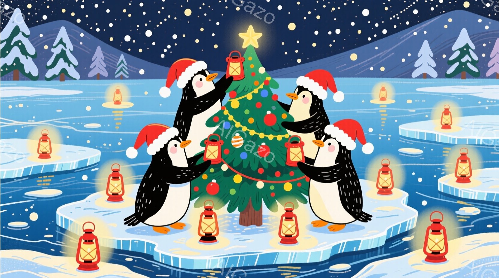 クリスマスツリーの周りに集まったペンギンのグループが描かれています。ペンギンたちは赤いサンタの帽子をかぶり、それぞれ手に提灯を持ち、ツリーを囲んで楽しんでいます。背景には雪が降り積もる氷山と、遠くに見 - AI生成フリー素材