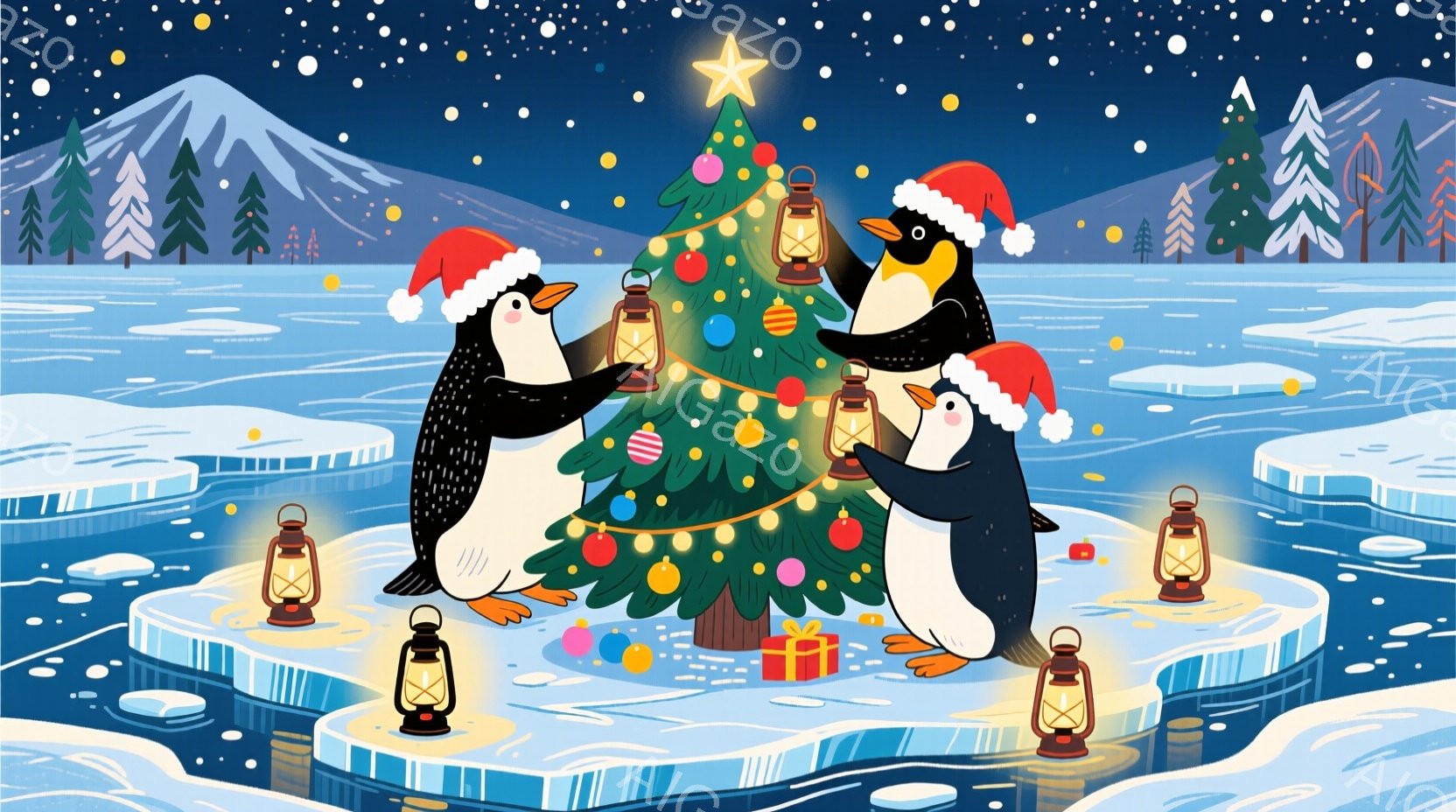 氷の上に飾られたクリスマスツリーの周りで、サンタの帽子をかぶったペンギンたちが提灯を持って楽しんでいます。ペンギンたちは笑顔で、ツリーの飾り付けを楽しんでいる様子が伺えます。背景には雪景色が広がり、遠 - AI生成フリー素材