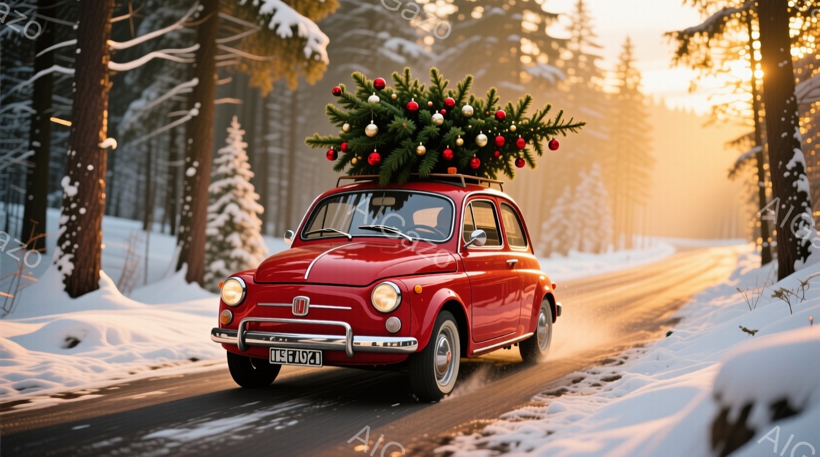 真っ赤な小さな車が雪道を進んでいます。屋根の上にはクリスマスツリーが載せられ、赤いオーナメントが輝いています。背景には雪に覆われた木々が立ち並び、冬の温かく、幻想的な雰囲気を醸し出しています。 - AI生成フリー素材