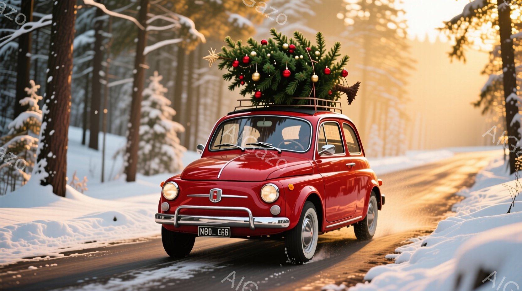 真っ赤なフィアット500が雪の積もった森の中の道を走っている。屋根の上にはクリスマスツリーが固定されており、冬の温かい雰囲気を醸し出している。背景は雪に覆われた木々で、太陽の光が差し込み、暖かく幻想的な雰囲気を演出している。