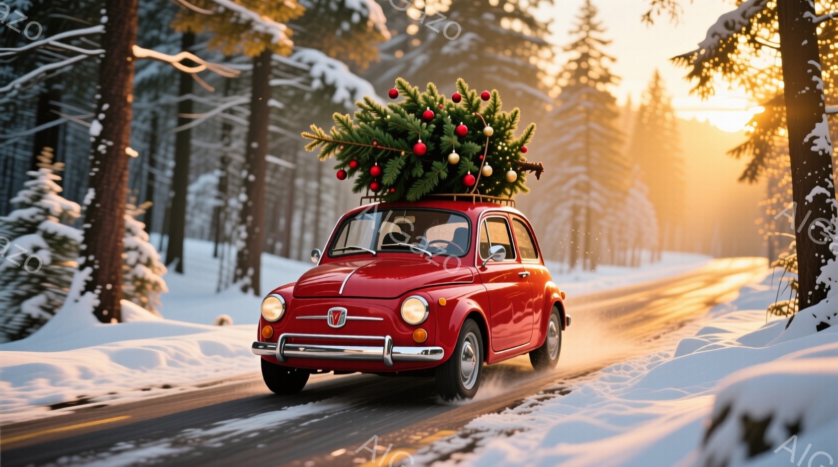 真っ赤なフィアット500が雪道の中を走っており、屋根にはクリスマスツリーが飾られています。雪景色に照らされた道路は白く、両脇には雪をまとった木々が立ち並び、暖かい日差しが差し込んでいます。全体的に温か - AI生成フリー素材