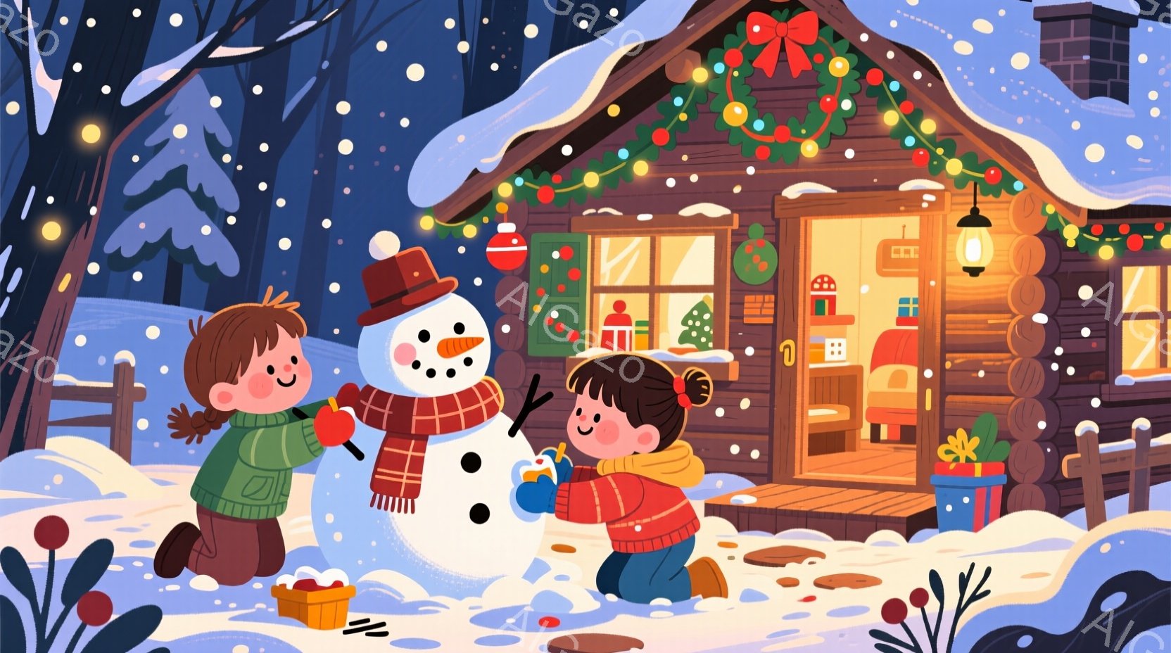 暖炉の光が温かい、雪景色の中の木造の家を背景に、二人の少年が雪だるまを作っています。少年たちは赤いマフラーとニットを着ており、笑顔で雪だるまにボタンや人参の鼻を付けています。家はクリスマス装飾で飾られ - AI生成フリー素材