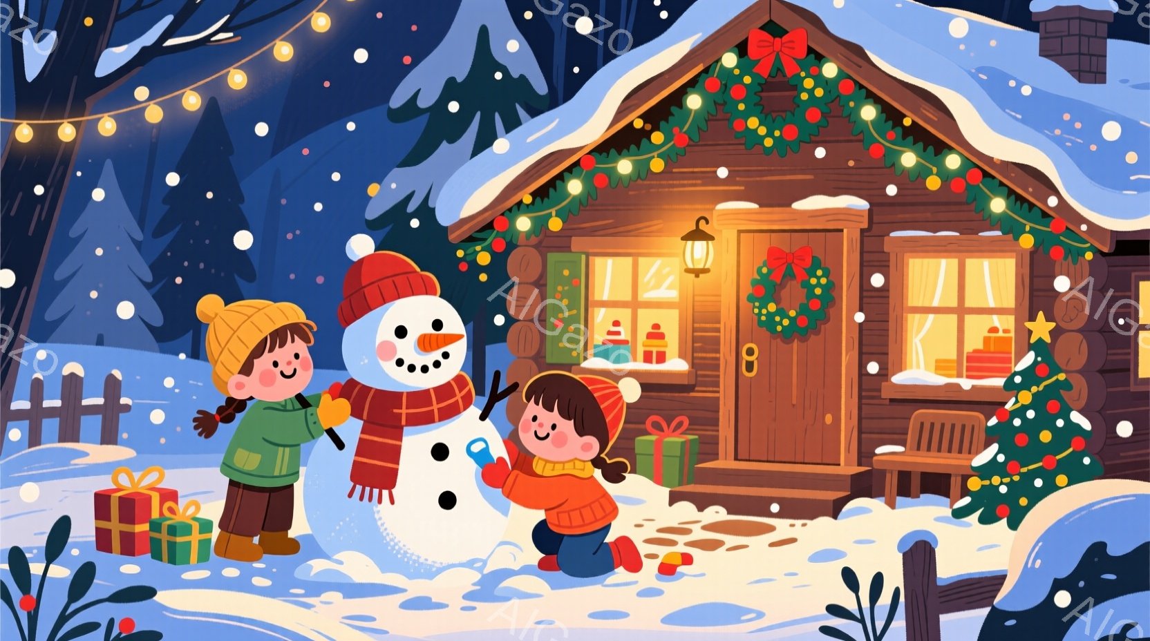 雪景色の中に、赤い帽子と緑のセーターを着た少年と、赤い帽子をかぶった少女が雪だるまを作っています。背景には、クリスマスツリーや飾り付けがされた可愛らしい木造の家があり、窓からは温かい光が漏れています。 - AI生成フリー素材