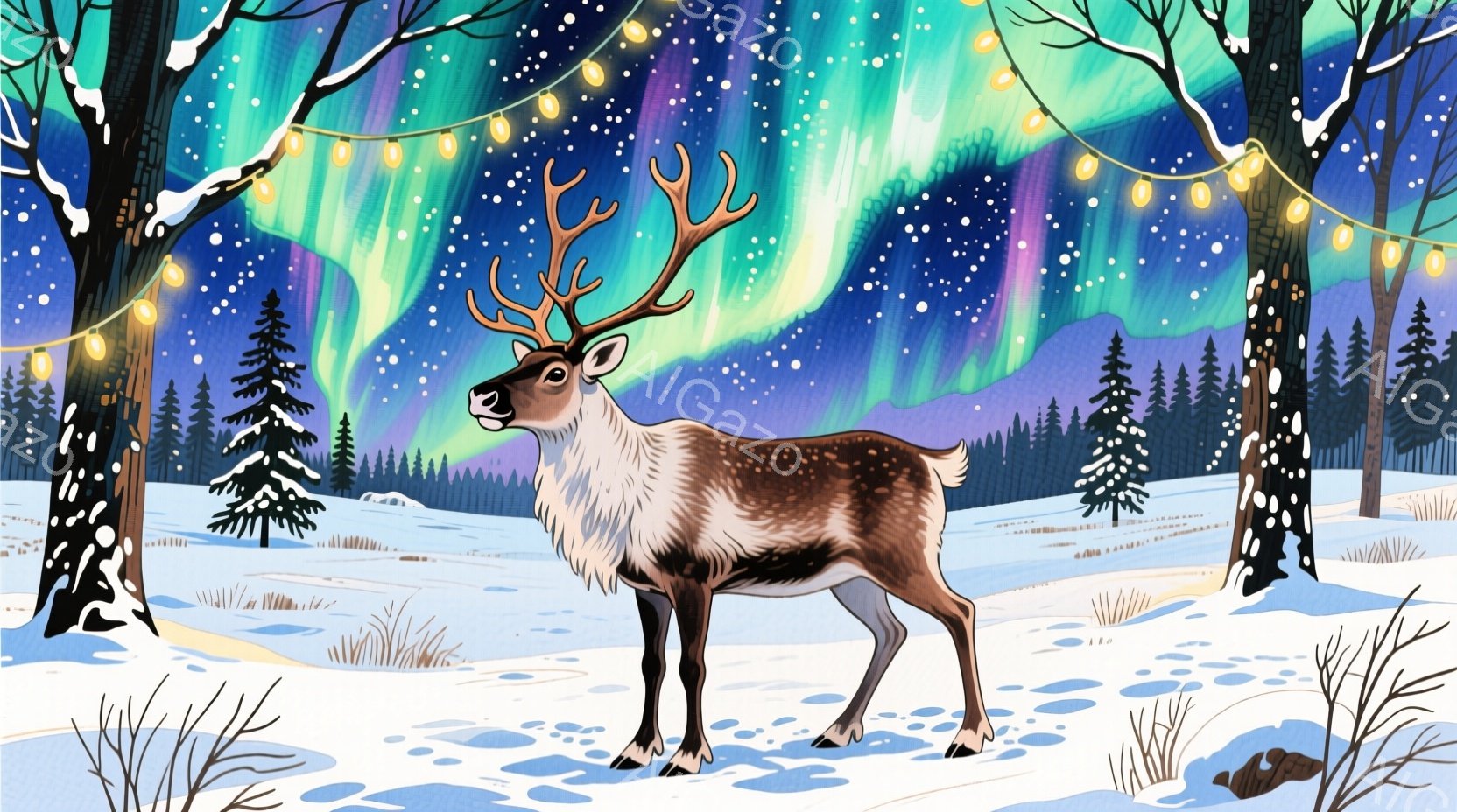 雪景色の中に、立派な角を持つトナカイが悠々と立っている。背景には、オーロラのような色彩豊かな光が夜空を彩り、雪に覆われた木々が静かに佇んでいる。全体的に幻想的で、冬の神秘的な雰囲気が漂うイラストレーシ - AI生成フリー素材