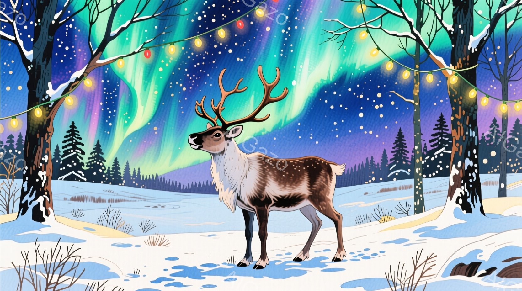 雪景色の中に、角を持つトナカイが凛々と立っている。背景には暗い緑と紫の色合いのオーロラが広がり、木々がシルエットのように並び、雪が舞っている。全体的に幻想的で、冬の静けさとオーロラの美しさを表現したイ - AI生成フリー素材