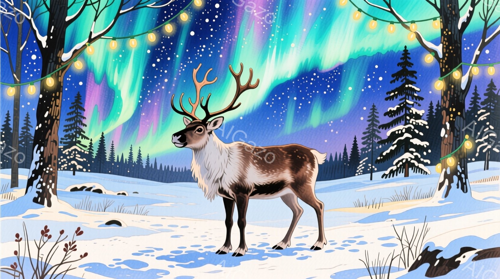 画像は雪に覆われた冬の風景で、中央に堂々と立つ雄のトナカイが描かれています。背景には針葉樹林が広がり、オーロラが夜空を彩り、幻想的な雰囲気を醸し出しています。トナカイは凛とした表情で正面を見据え、冬の - AI生成フリー素材