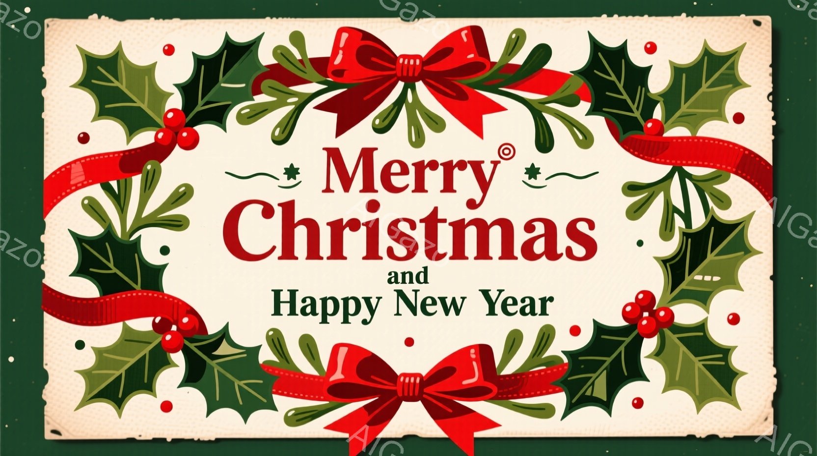 深緑色の背景に、赤いリボンと葉っぱ（ヒイラギ）と実が飾られています。「メリークリスマス＆ハッピーニューイヤー」という文字が中央に大きく書かれています。 全体的に、お祝いムードを盛り上げるクリスマスと新 - AI生成フリー素材