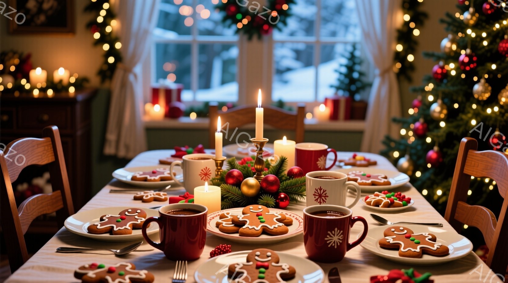 クリスマスを祝うための食卓が写っている。テーブルの上には、ジンジャーブレッドクッキーや飲み物が並び、キャンドルや装飾が暖かく輝いている。背景には雪景色が見え、全体的に温かく、お祝いの雰囲気が漂っている - AI生成フリー素材