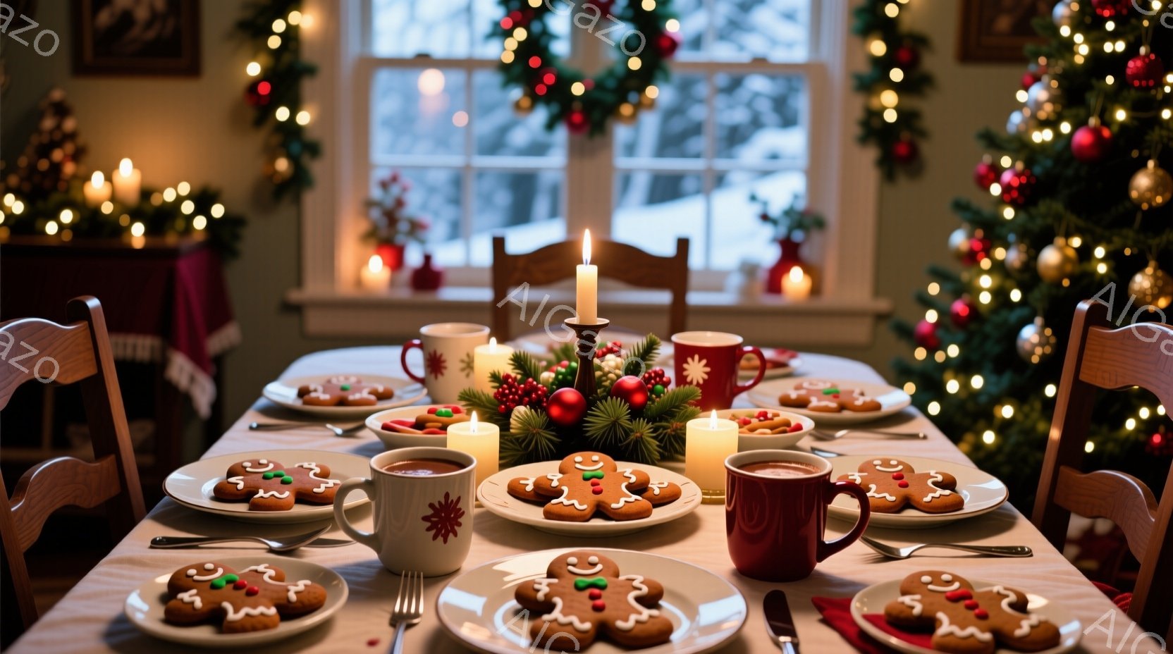 クリスマスを祝うためのテーブルセッティングが写っている。白いテーブルクロスの上に、ジンジャーブレッドクッキー、赤いマグカップに入った温かい飲み物、キャンドル、そしてクリスマスデコレーションが並べられて - AI生成フリー素材