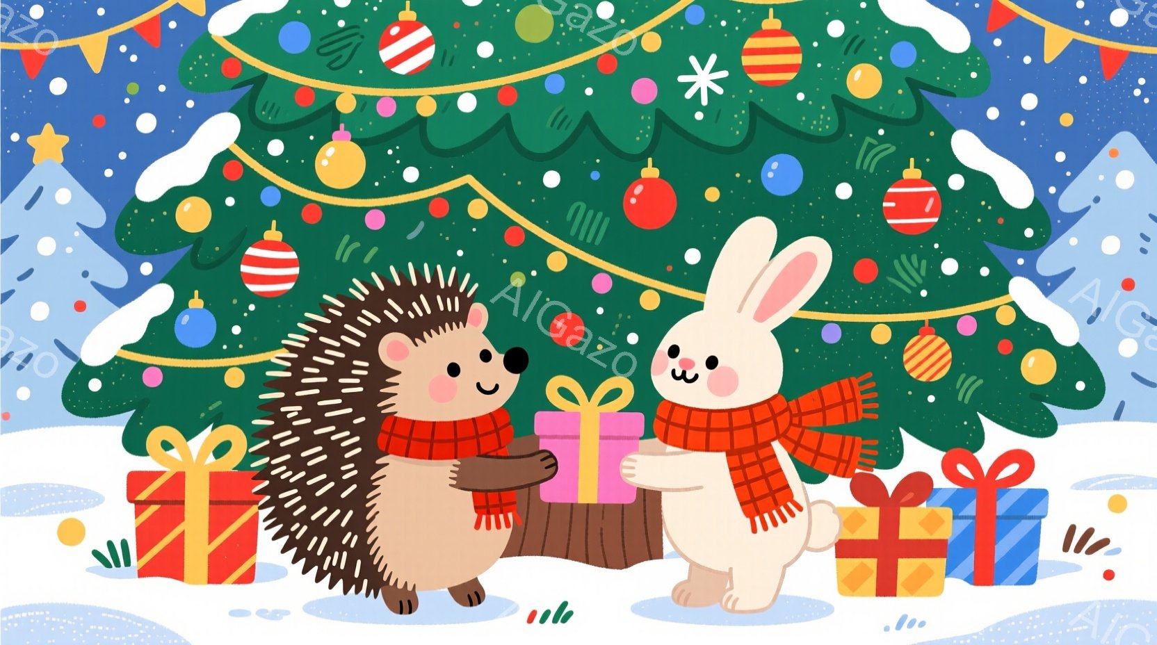 ハリネズミとウサギが、それぞれプレゼントを抱えて向き合っています。二匹とも赤いストールを巻いており、可愛らしい表情をしています。背景には緑のクリスマスツリーと、雪が舞う白い景色が広がっており、温かく幸 - AI生成フリー素材