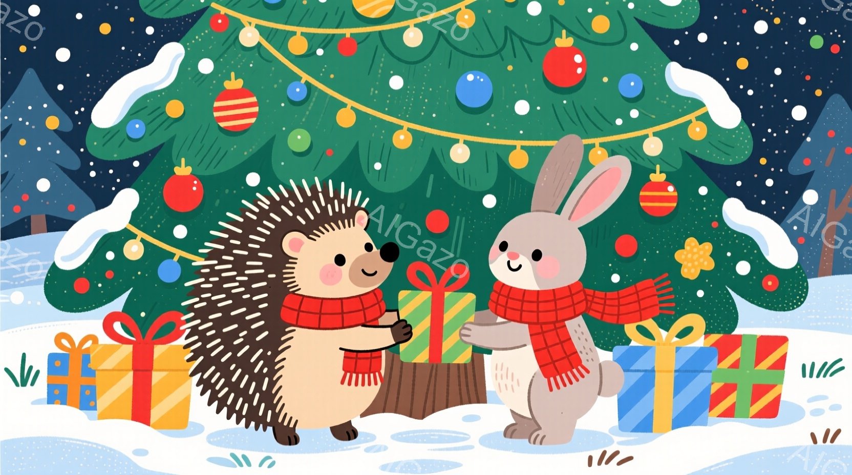 クリスマスツリーを背景に、ハリネズミとウサギがプレゼントを交換しています。二匹とも赤いマフラーを巻いており、笑顔でプレゼントを両手で差し出しています。背景には雪が降り積もり、プレゼント箱がいくつか置か - AI生成フリー素材
