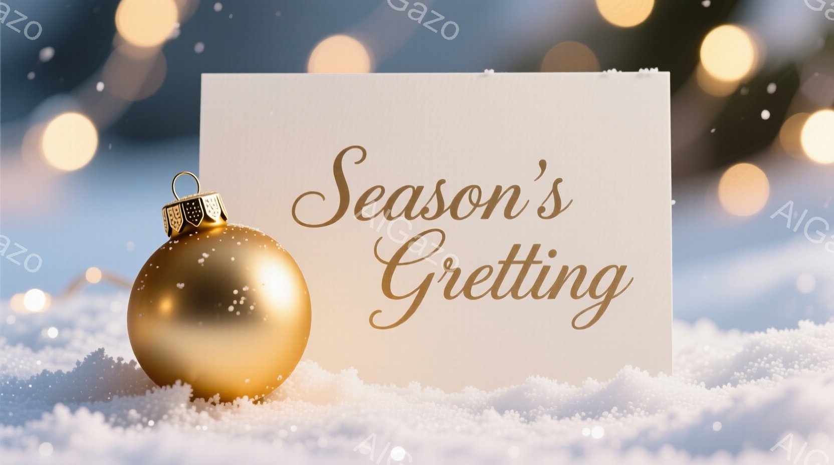 黄金色のクリスマスオーナメントが雪の上に置かれており、背景にはぼやけた光のぼんやりとした光が散りばめられています。雪は繊細で、オーナメントの反射を捉え、暖かく穏やかな雰囲気を醸し出しています。全体的に - AI生成フリー素材