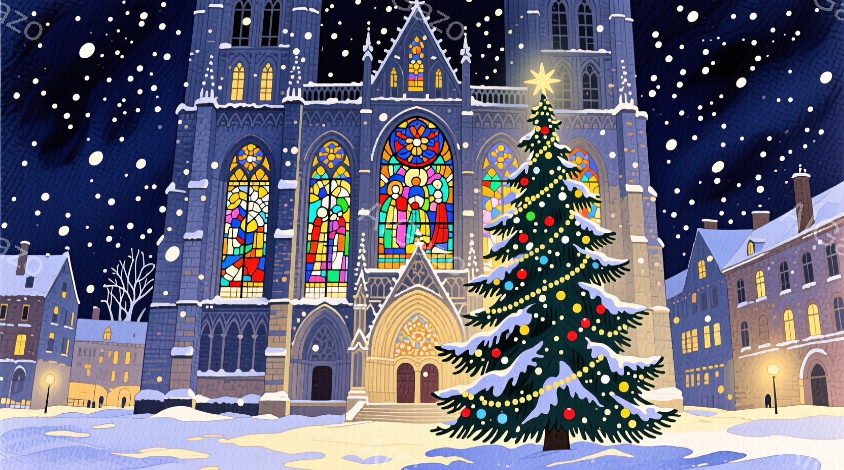雪が降る夜、ゴシック様式の大きな教会が中央に描かれており、ステンドグラスから温かい光が漏れています。教会の前には、飾り付けられたクリスマスツリーが置かれ、周囲には雪に覆われた建物が並んでいます。全体的 - AI生成フリー素材