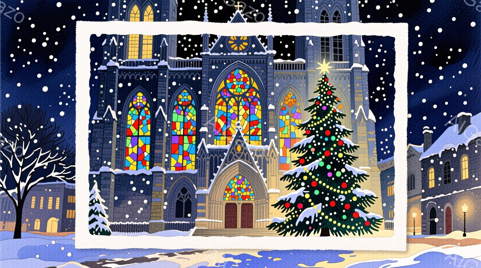 雪が舞う夜の街並みには、壮大なゴシック様式の教会がそびえ立ち、カラフルなステンドグラスが温かい光を放っている。教会の前には、飾り付けられたクリスマスツリーが輝き、街灯の灯りや雪景色と相まって、静かで幻 - AI生成フリー素材