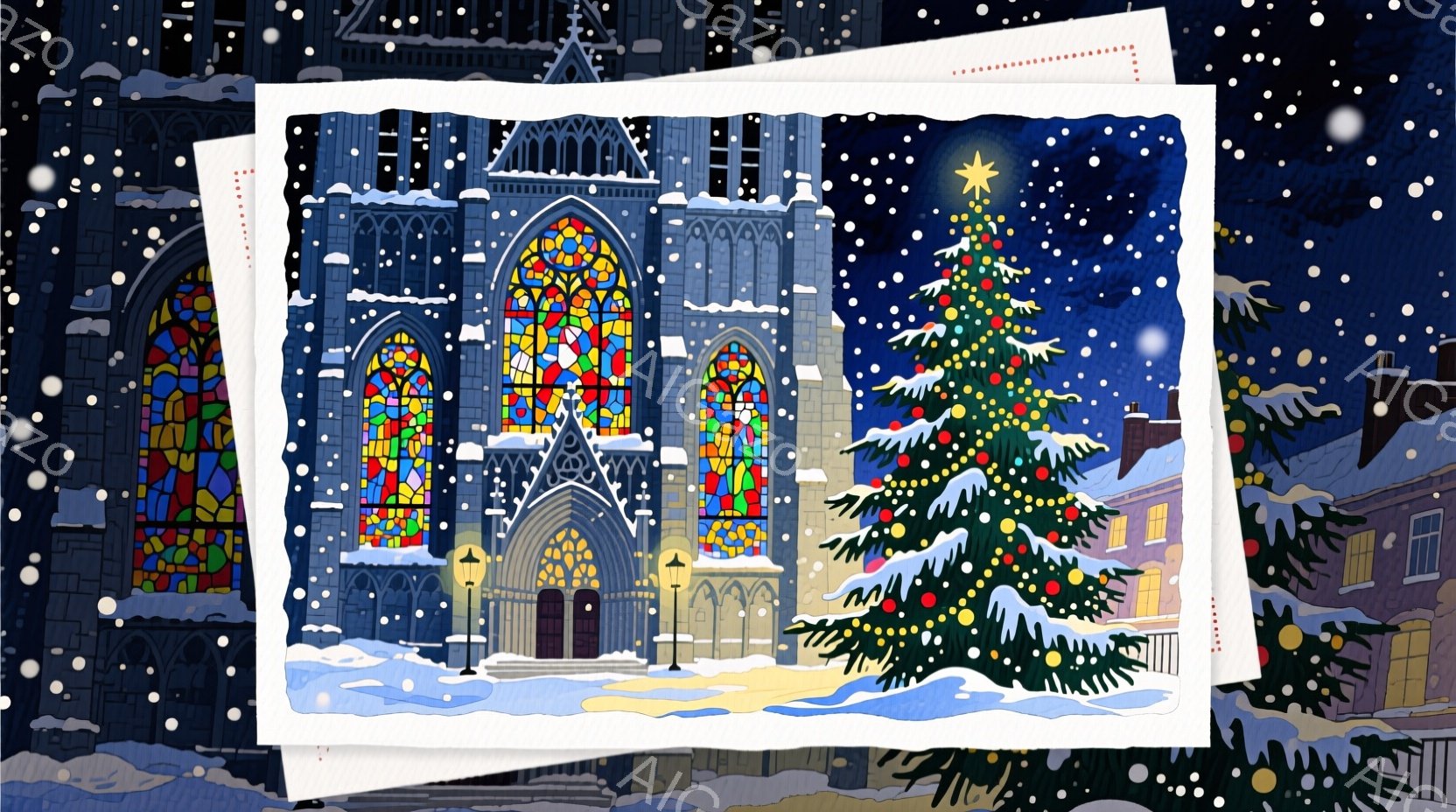 凍てつく冬の夜、ゴシック様式の荘厳な大聖堂と、雪に覆われたクリスマスツリーが描かれています。大聖堂のステンドグラスから光が漏れ出し、雪景色を暖かく照らしており、背景には雪化粧された建物群が連なっていま - AI生成フリー素材