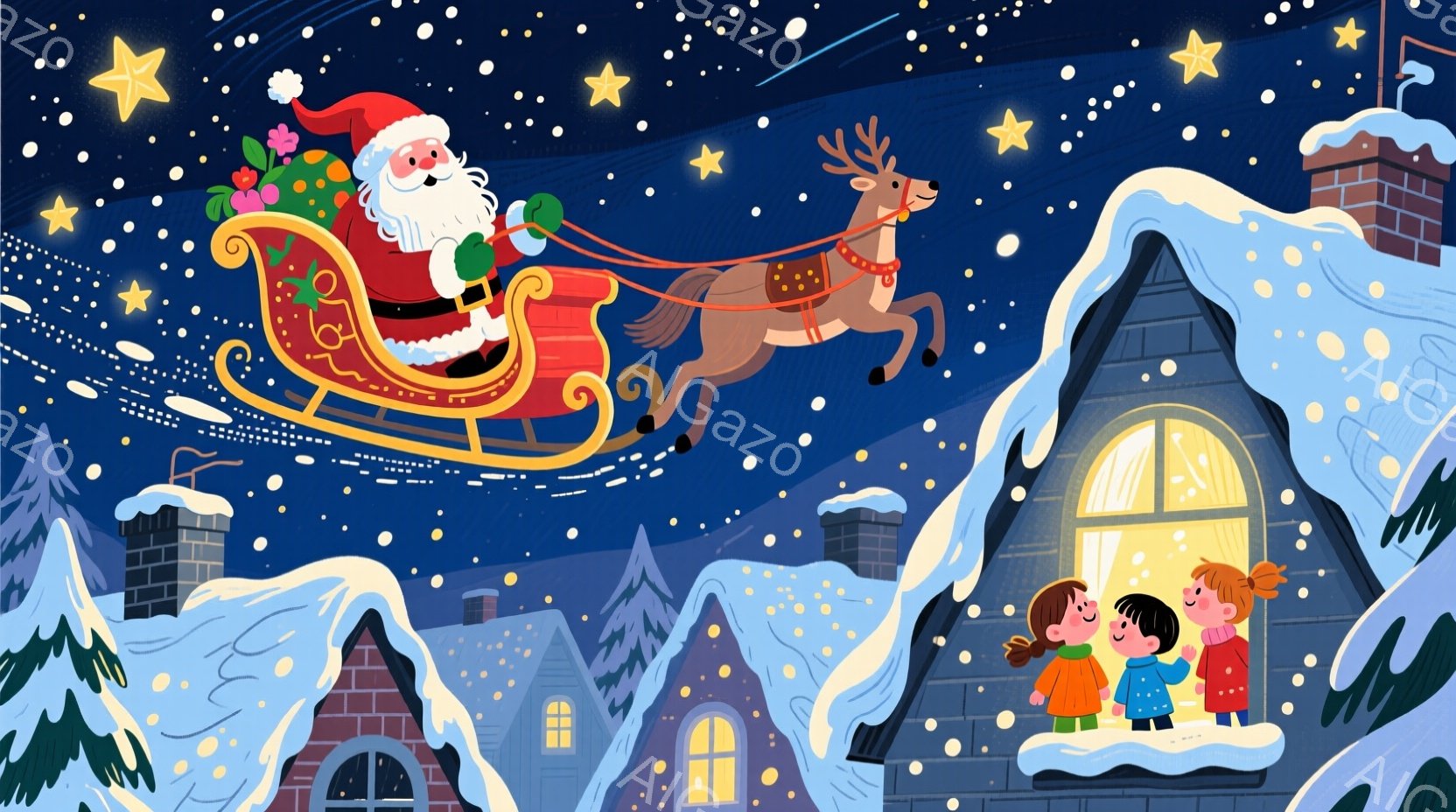 深夜の雪景色の中、サンタクロースがソリに乗って空を飛んでいます。屋根には雪が積もり、遠くに見える家々の窓からは暖かい光が漏れています。子供たちは屋根の上で興奮した様子でサンタクロースを見上げており、ク - AI生成フリー素材