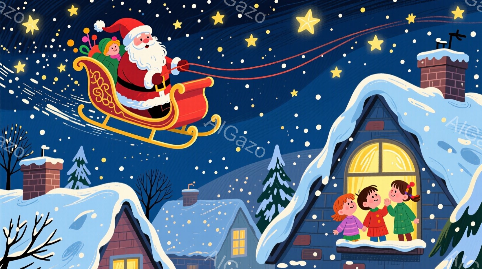 雪が降り積もる夜、サンタクロースがトナカイに引かれたソリに乗って空を飛んでいます。屋根の上には、赤いコートと緑のセーターを着た女の子たちが笑顔で手を振っており、温かい光が窓から漏れています。背景には雪 - AI生成フリー素材