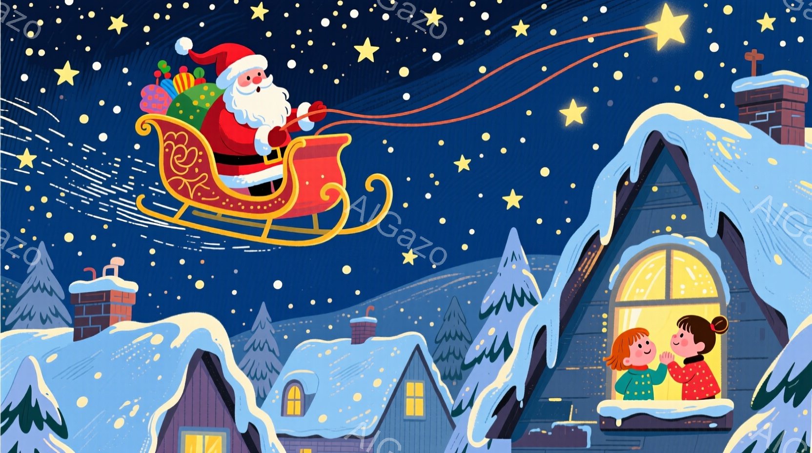 雪に覆われた屋根の家々の上をサンタクロースがソリに乗って飛んでいる様子が描かれています。サンタクロースは赤い衣装を身につけ、満面の笑みを浮かべています。暖かい光が灯る窓辺には、赤い髪の少年と少女が寄り - AI生成フリー素材