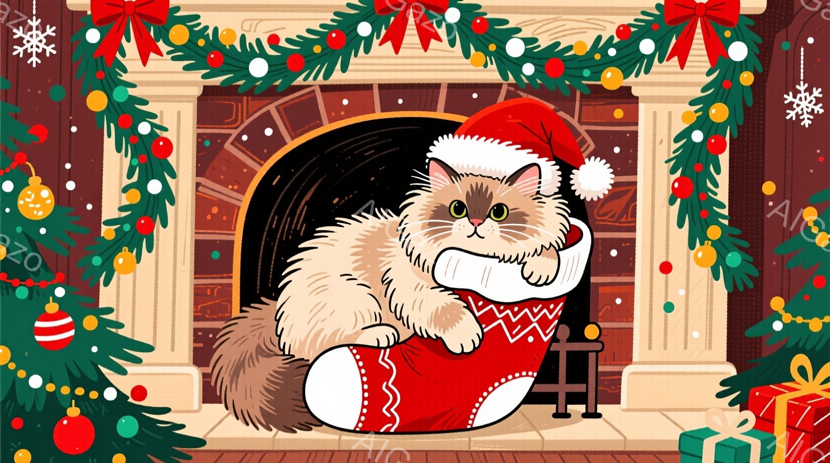 ふわふわの茶色い猫が、赤いクリスマス柄の靴下の中に丸まって座っています。猫はサンタの帽子をかぶり、少し眠たげな表情をしています。背景には、クリスマスリースやオーナメント、プレゼントが飾られ、暖炉の赤い - AI生成フリー素材