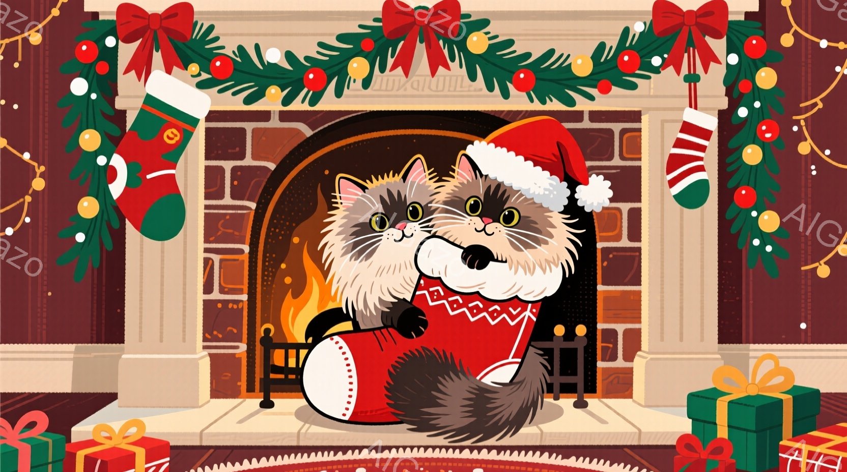 暖炉の前には、赤いクリスマスソックスに身を寄せたふわふわの猫がいます。猫はサンタの帽子をかぶり、楽しそうな表情でこちらを見ています。背景には、緑のガーランド、クリスマスプレゼント、そして暖炉の火が描か - AI生成フリー素材
