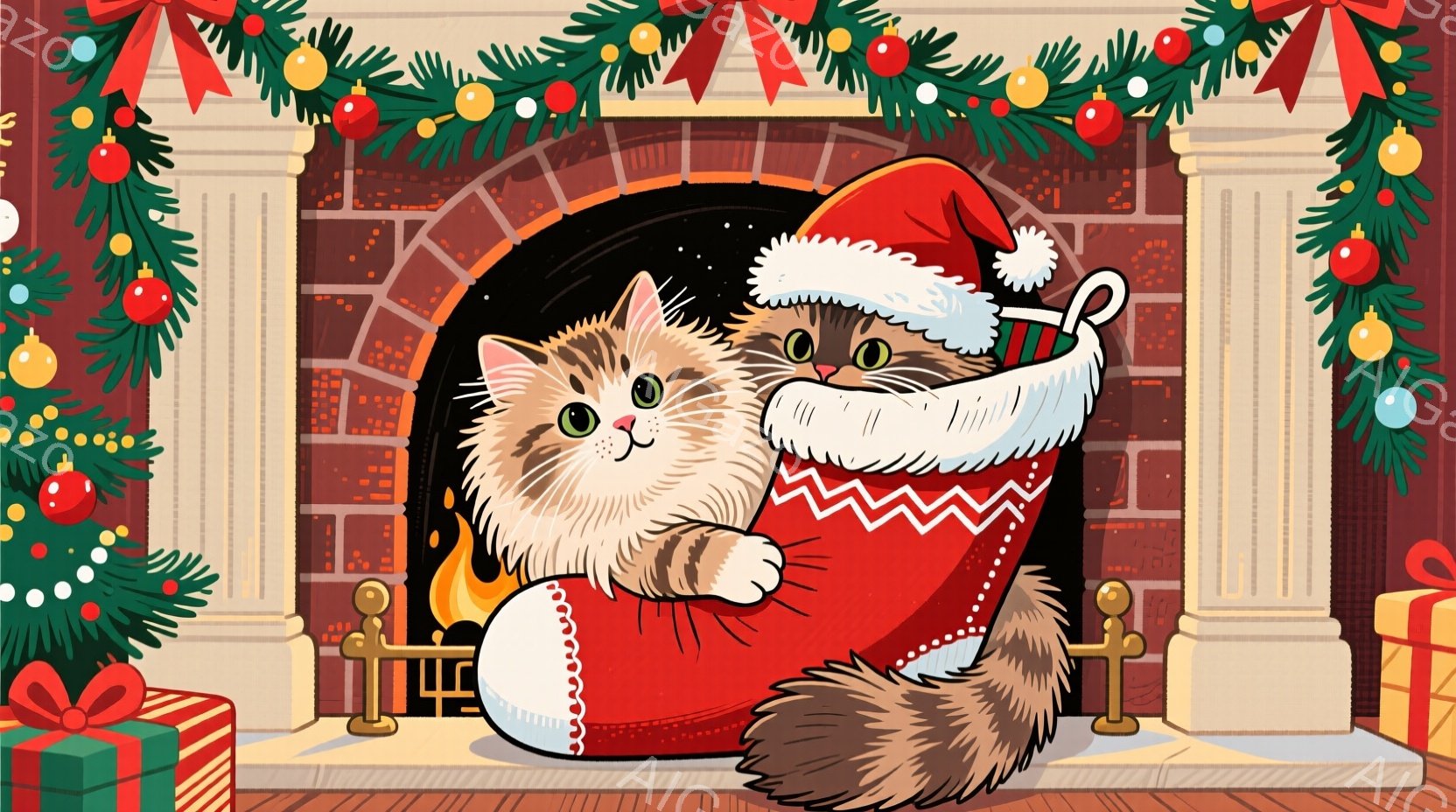 暖炉の中に、クリスマスソックスに入った2匹の猫が描かれています。片方の猫はソックスから顔を出し、もう片方の猫は中に丸まって眠っているようです。背景には、クリスマスツリーの装飾やプレゼントの箱があり、暖かく、お祝いの雰囲気です。